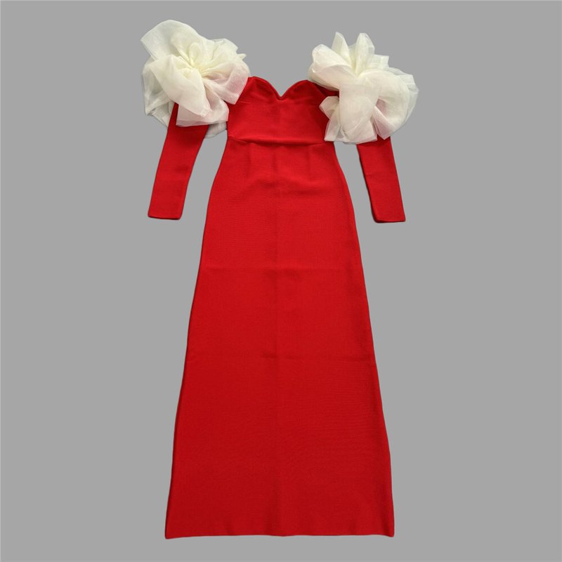 Red Long Sleeve Ruffle Shoulder Bandage Dress H6655