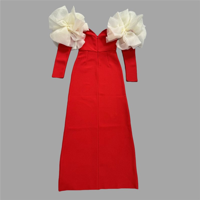 Red Long Sleeve Ruffle Shoulder Bandage Dress H6655