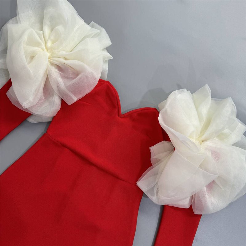 Red Long Sleeve Ruffle Shoulder Bandage Dress H6655