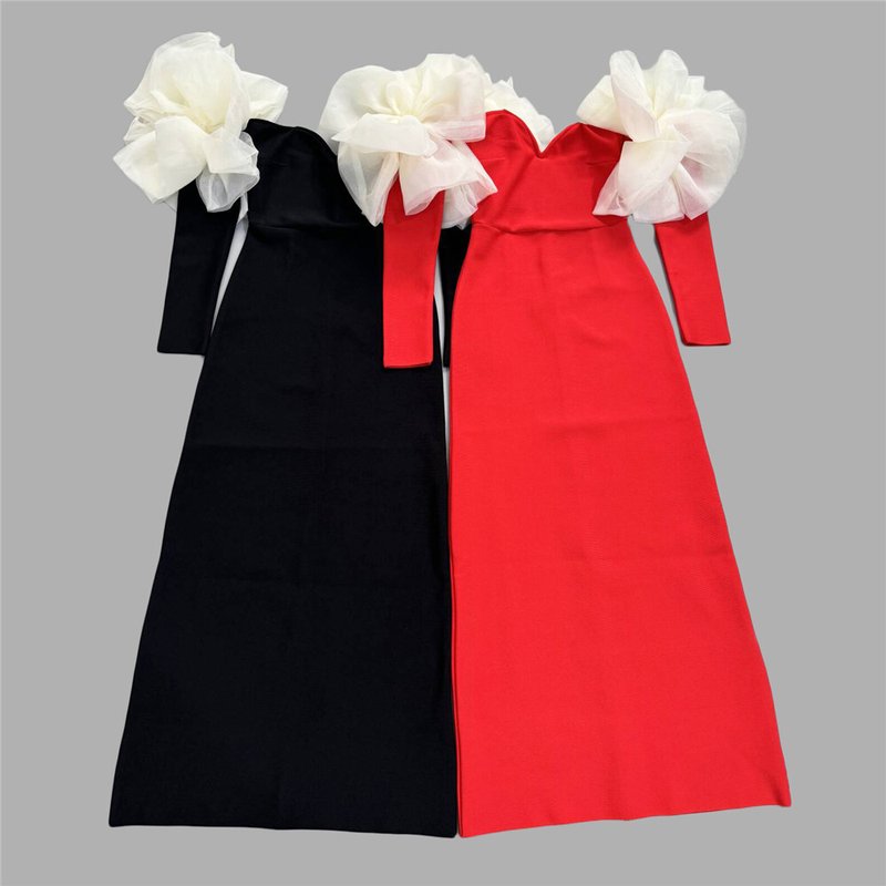 Red Long Sleeve Ruffle Shoulder Bandage Dress H6655