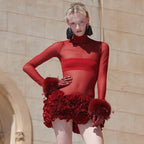 Red Mesh Bodysuit with Ruffle Skirt H6503