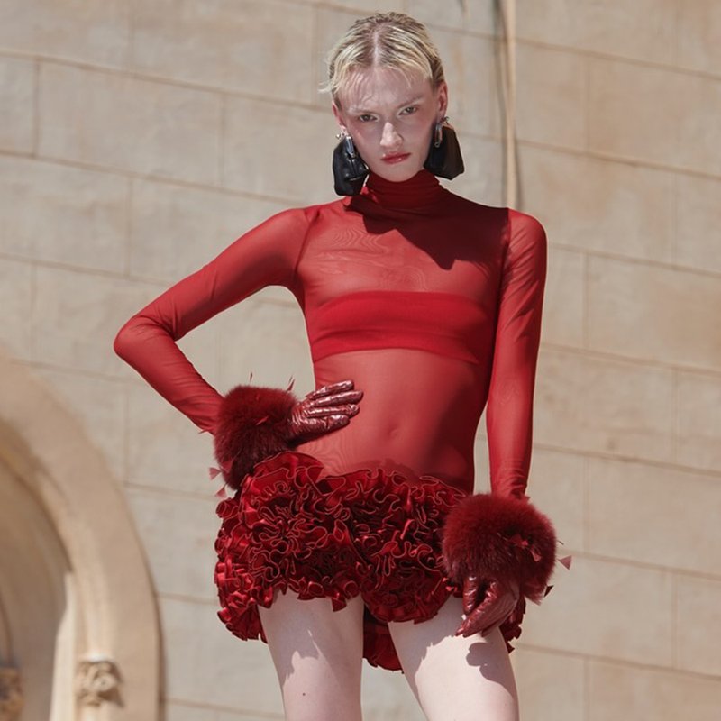 Red Mesh Bodysuit with Ruffle Skirt H6503