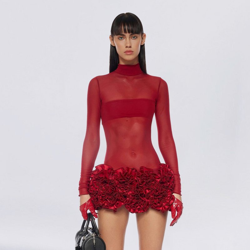 Red Mesh Bodysuit with Ruffle Skirt H6503