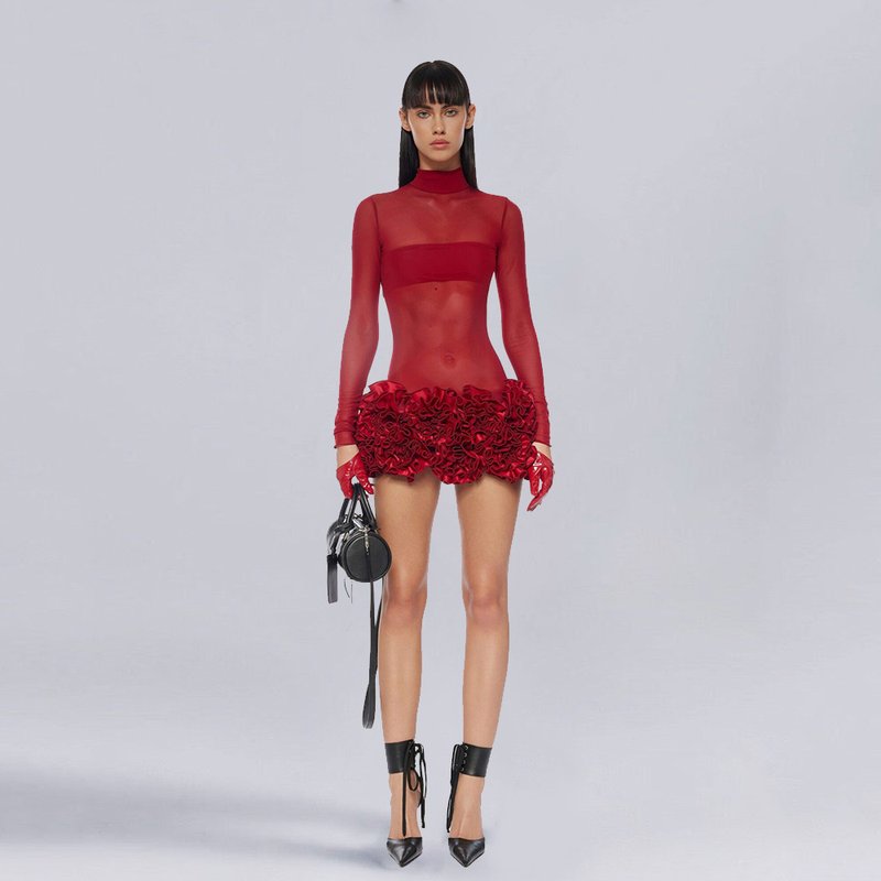 Red Mesh Bodysuit with Ruffle Skirt H6503