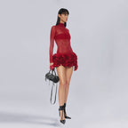 Red Mesh Bodysuit with Ruffle Skirt H6503