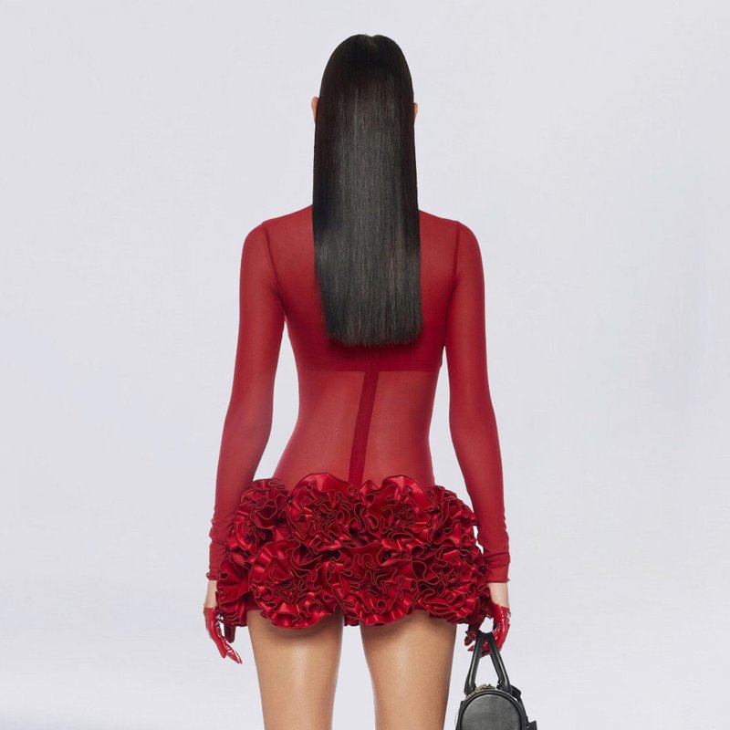 Red Mesh Bodysuit with Ruffle Skirt H6503