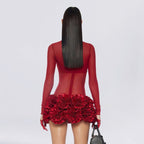 Red Mesh Bodysuit with Ruffle Skirt H6503