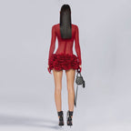 Red Mesh Bodysuit with Ruffle Skirt H6503