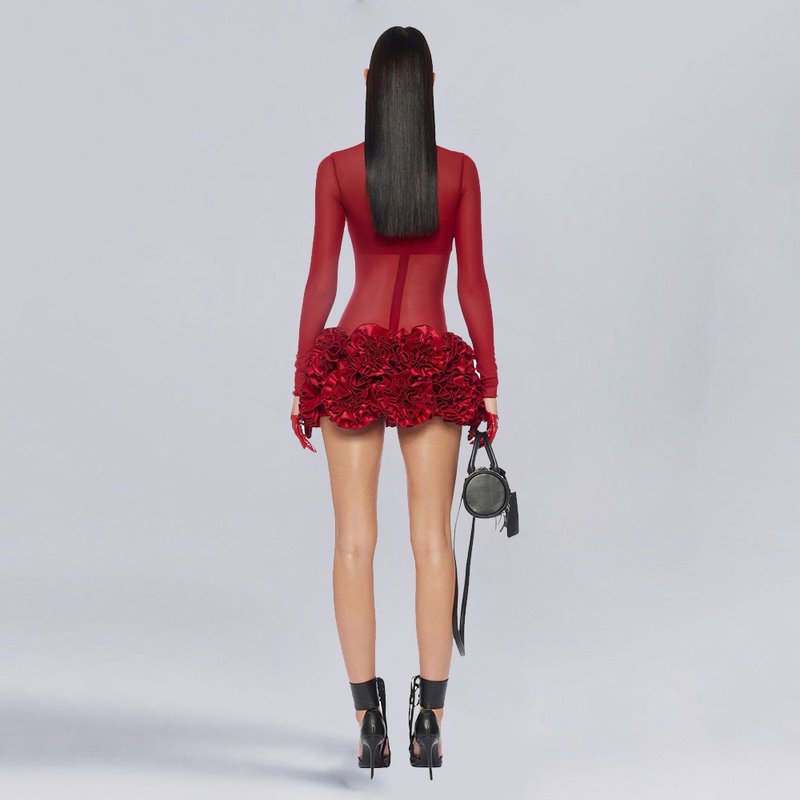 Red Mesh Bodysuit with Ruffle Skirt H6503