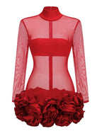 Red Mesh Bodysuit with Ruffle Skirt H6503