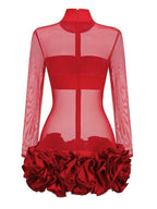 Red Mesh Bodysuit with Ruffle Skirt H6503