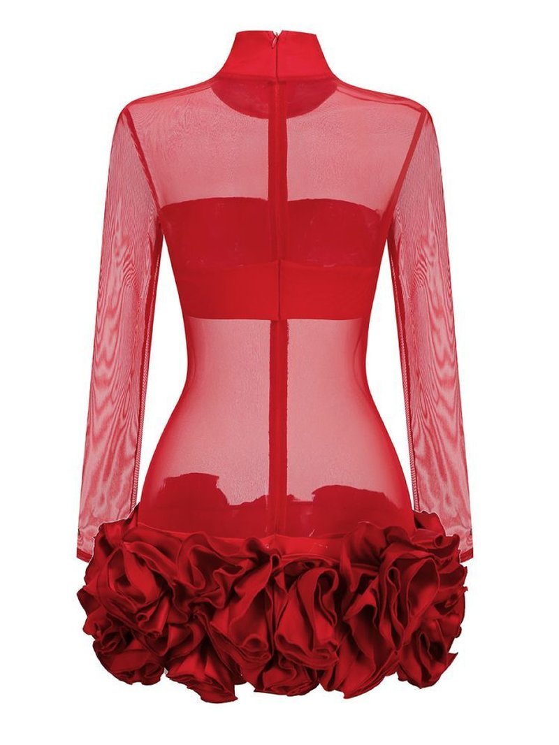 Red Mesh Bodysuit with Ruffle Skirt H6503