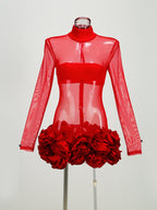 Red Mesh Bodysuit with Ruffle Skirt H6503