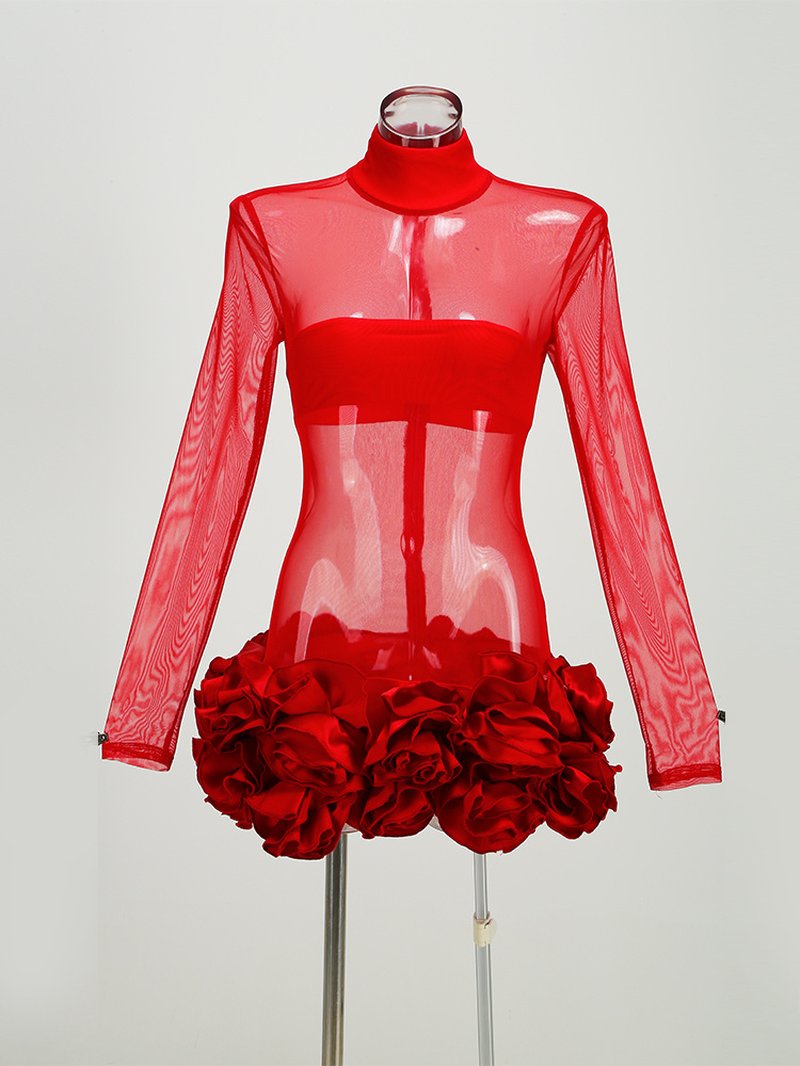 Red Mesh Bodysuit with Ruffle Skirt H6503