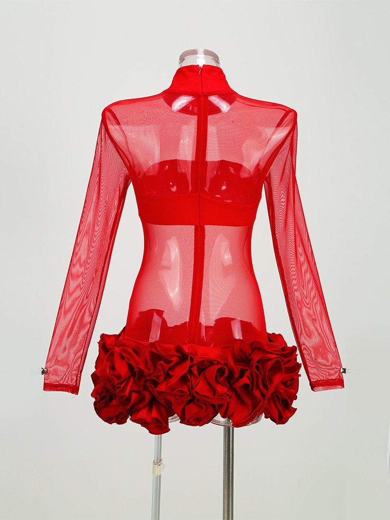 Red Mesh Bodysuit with Ruffle Skirt H6503