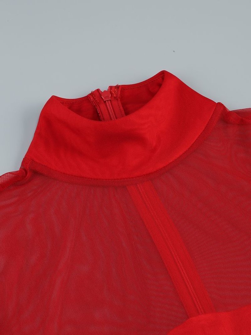 Red Mesh Bodysuit with Ruffle Skirt H6503