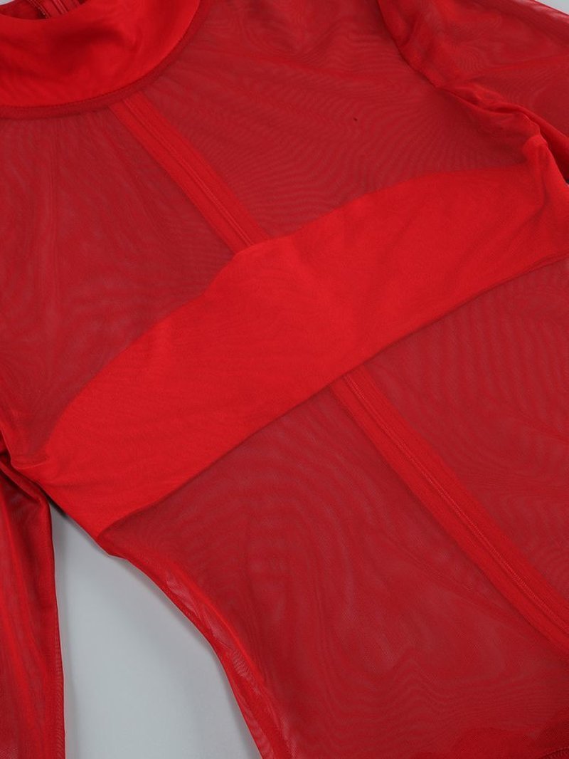 Red Mesh Bodysuit with Ruffle Skirt H6503
