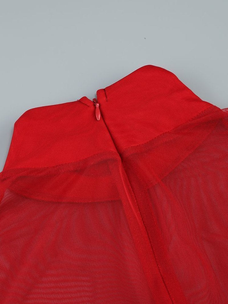 Red Mesh Bodysuit with Ruffle Skirt H6503