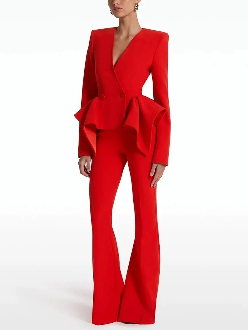 Red Peplum Blazer Flared Pants Suit H6600