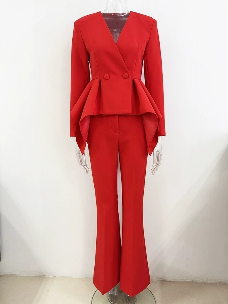 Red Peplum Blazer Flared Pants Suit H6600