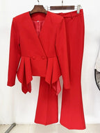 Red Peplum Blazer Flared Pants Suit H6600