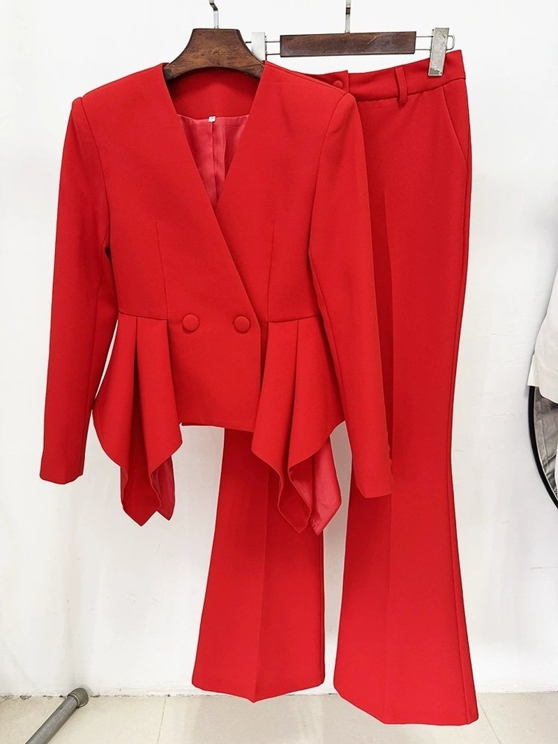 Red Peplum Blazer Flared Pants Suit H6600