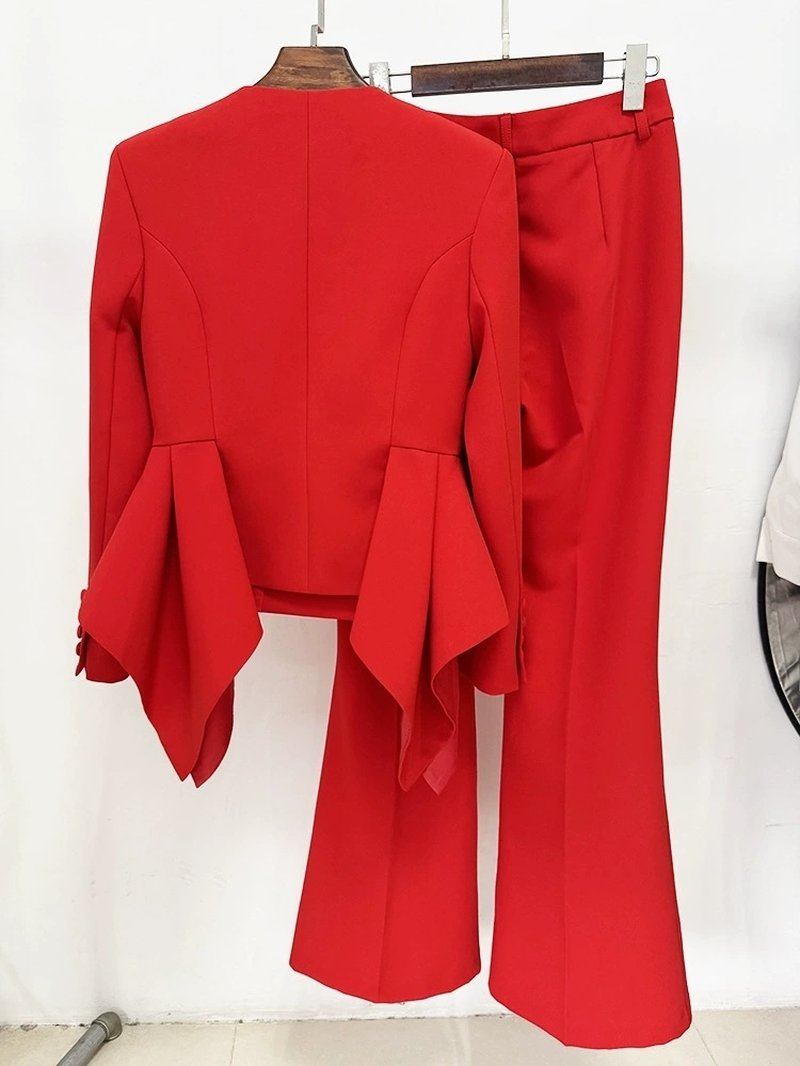 Red Peplum Blazer Flared Pants Suit H6600