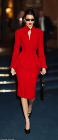 Red Peplum Midi Dress with High Collar H7139