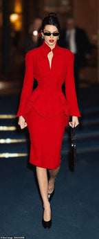 Red Peplum Midi Dress with High Collar H7139