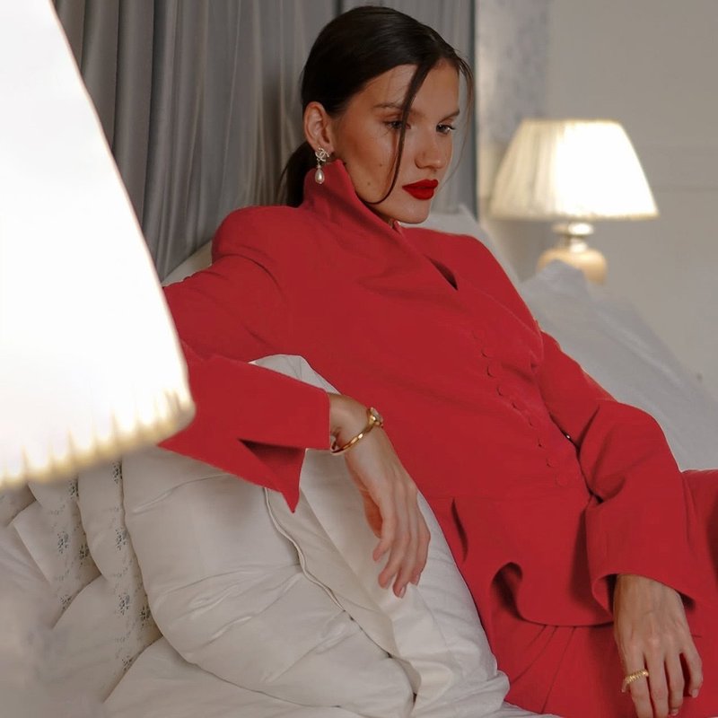 Red Peplum Midi Dress with High Collar H7139