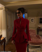 Red Peplum Midi Dress with High Collar H7139