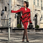 Red Peplum Midi Dress with High Collar H7139