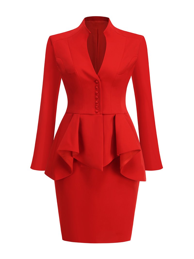 Red Peplum Midi Dress with High Collar H7139