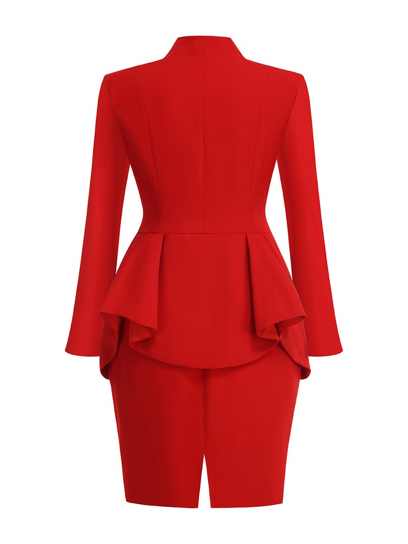 Red Peplum Midi Dress with High Collar H7139