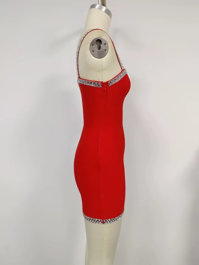 Red Rhinestone Trim Mini Dress H6578