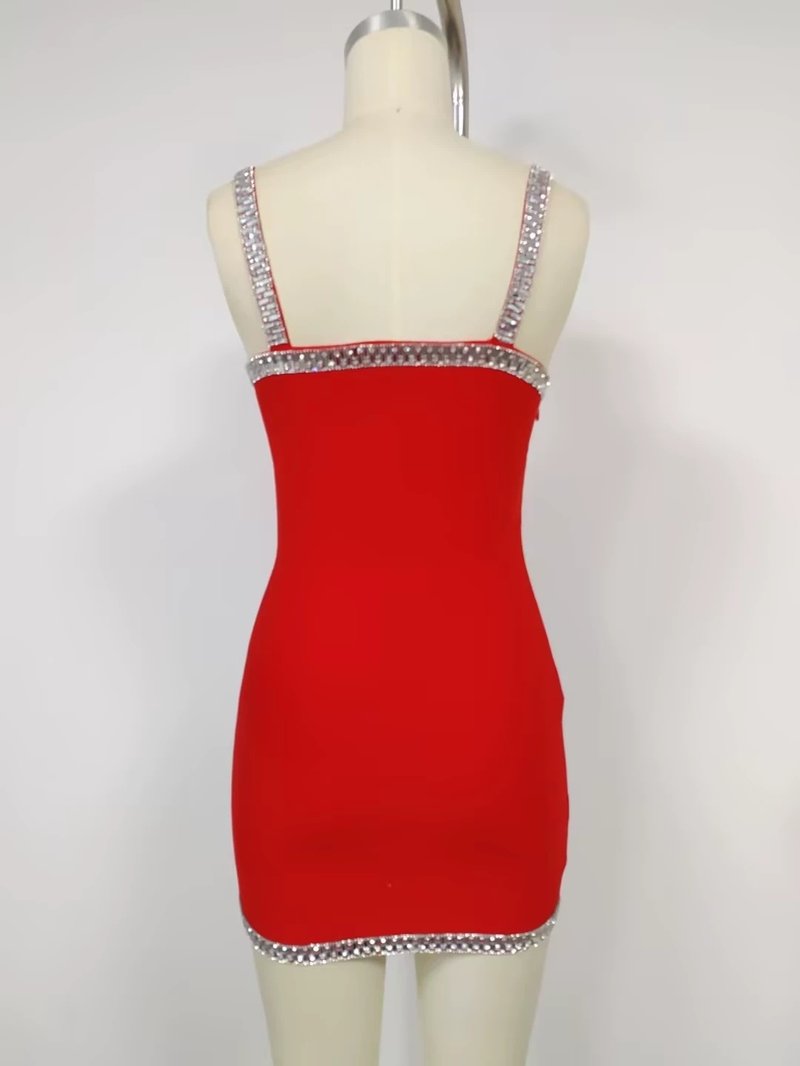 Red Rhinestone Trim Mini Dress H6578