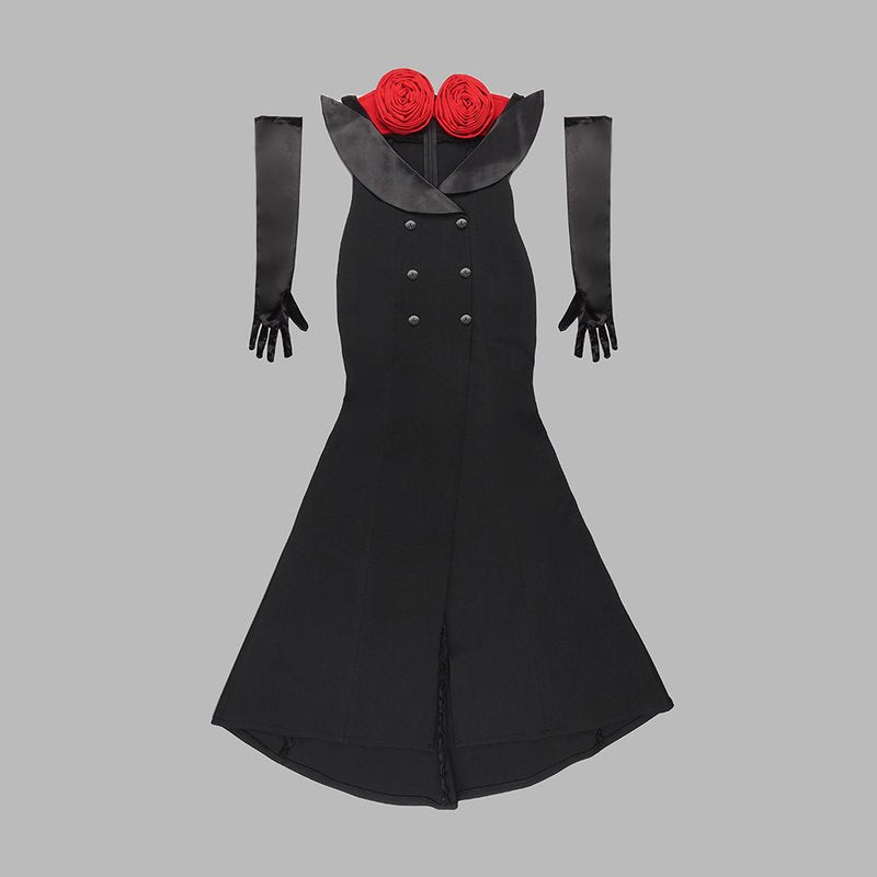 Red Rose Bustier Black Gown H5961