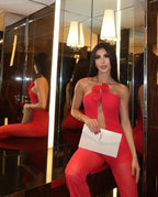 Red Rose Neck Deep V Jumpsuit H6441