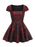 Red Rose Pattern Black Flared Dress H6852