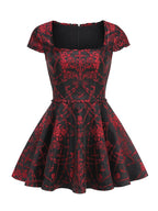 Red Rose Pattern Black Flared Dress H6852