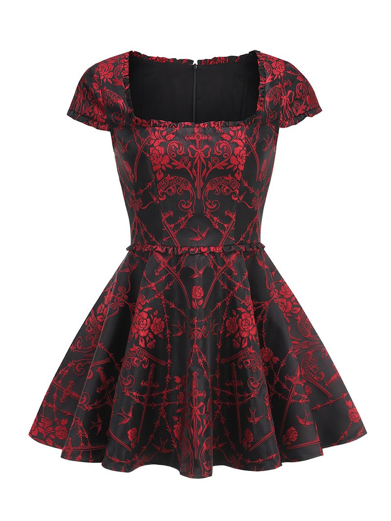 Red Rose Pattern Black Flared Dress H6852