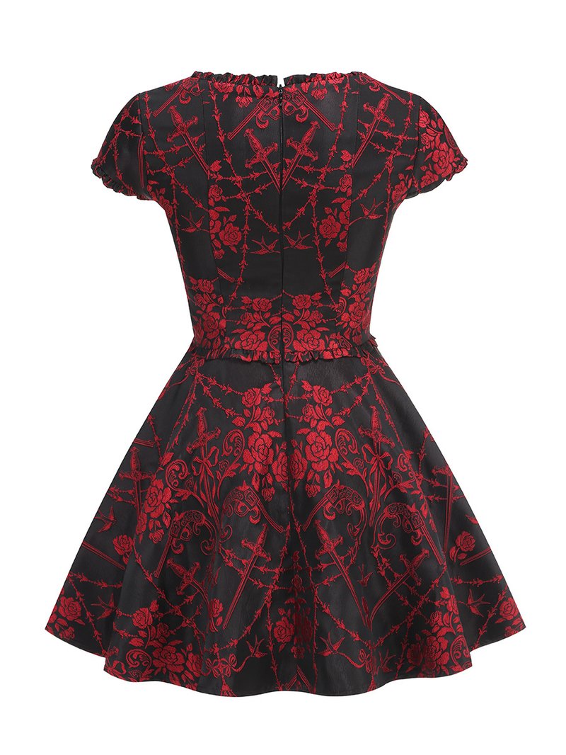 Red Rose Pattern Black Flared Dress H6852