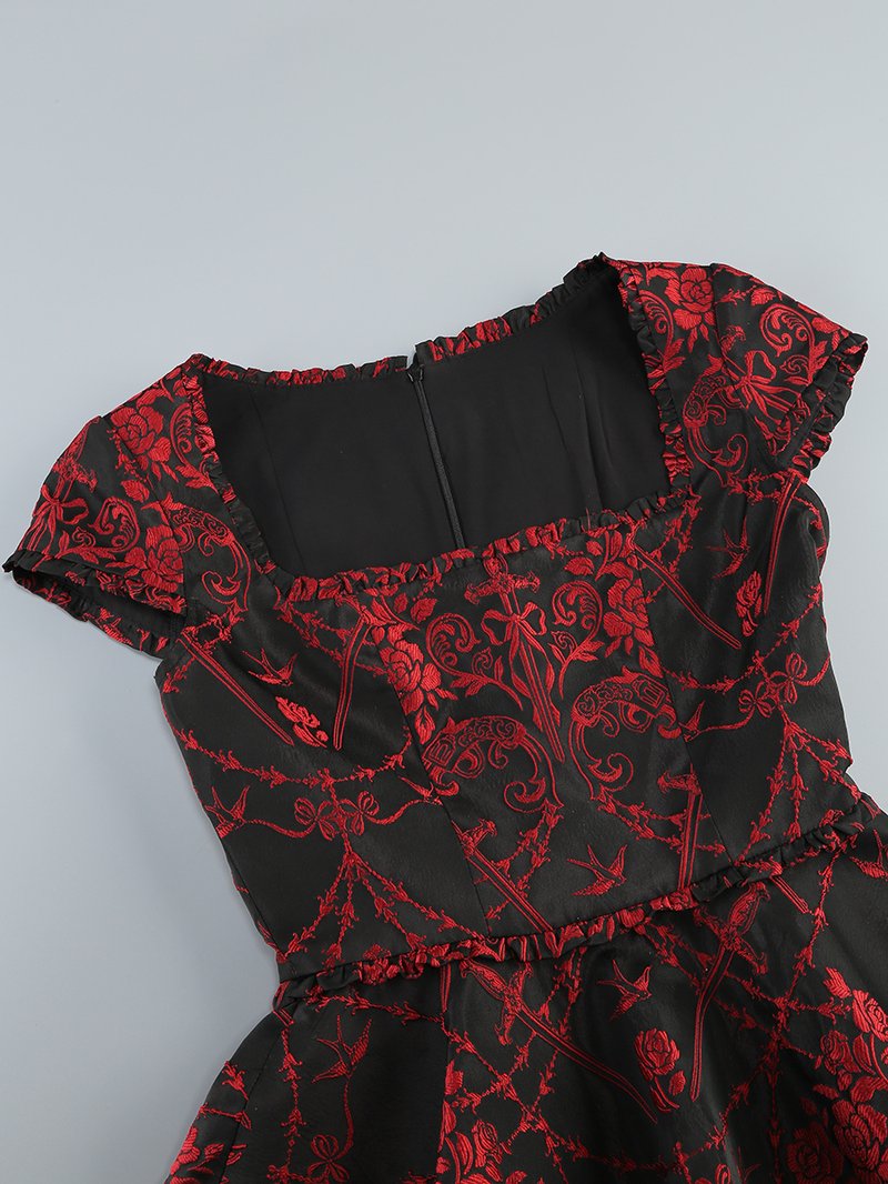 Red Rose Pattern Black Flared Dress H6852