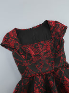 Red Rose Pattern Black Flared Dress H6852
