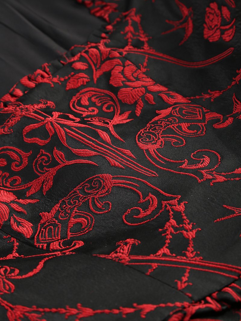 Red Rose Pattern Black Flared Dress H6852