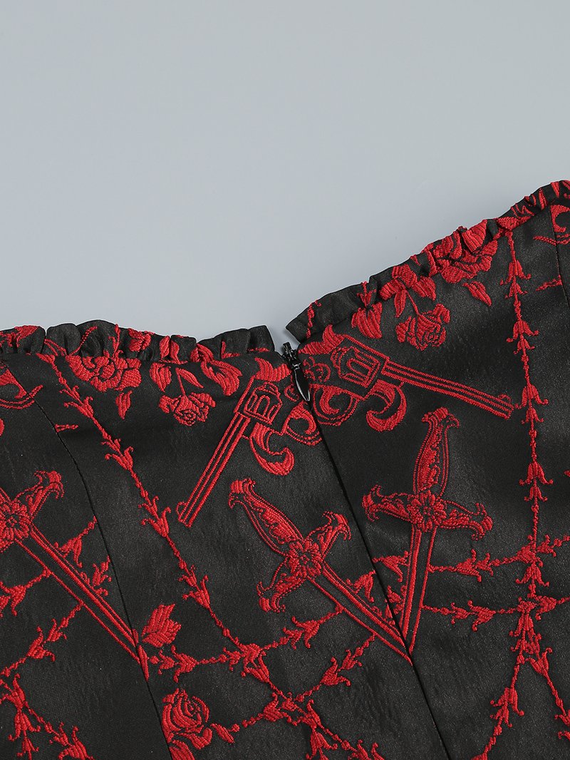 Red Rose Pattern Black Flared Dress H6852