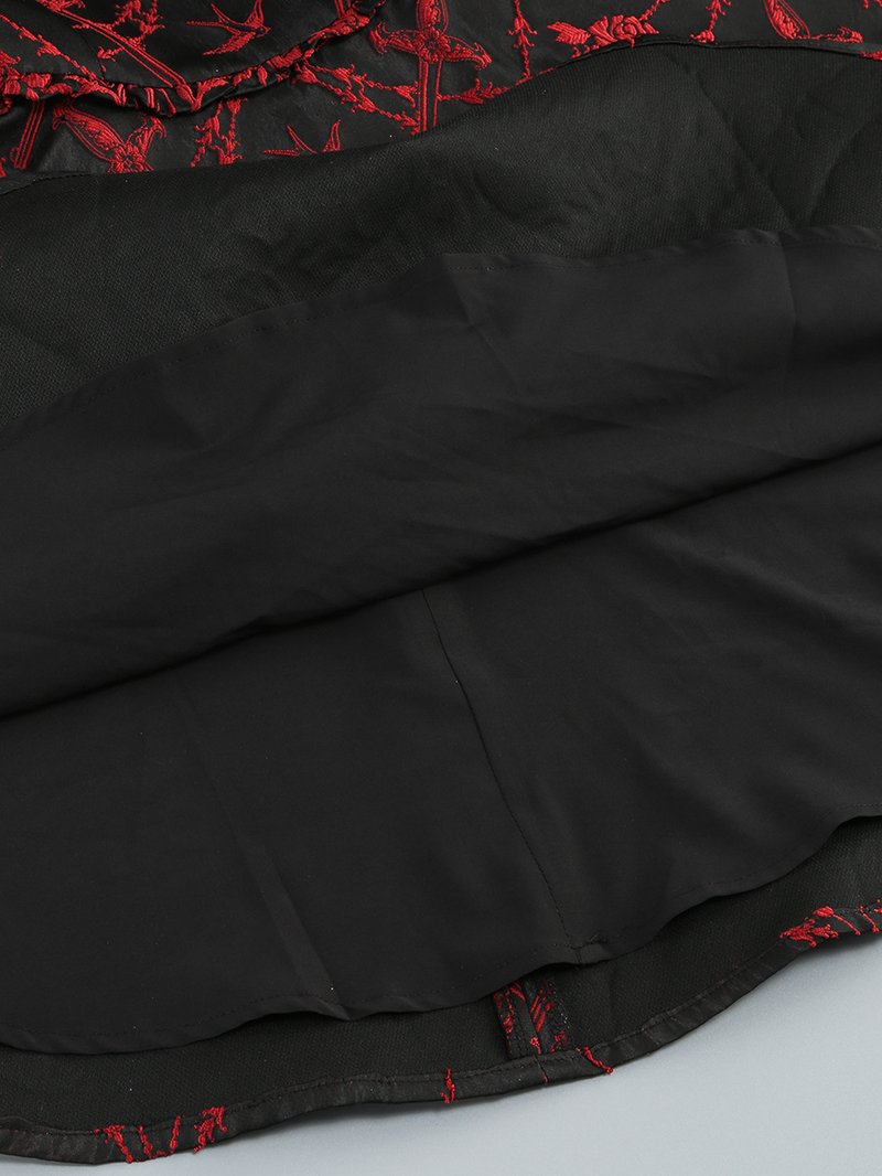 Red Rose Pattern Black Flared Dress H6852