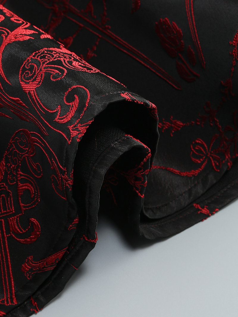 Red Rose Pattern Black Flared Dress H6852
