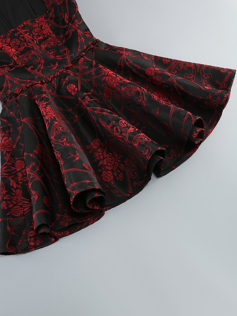 Red Rose Pattern Black Flared Dress H6852