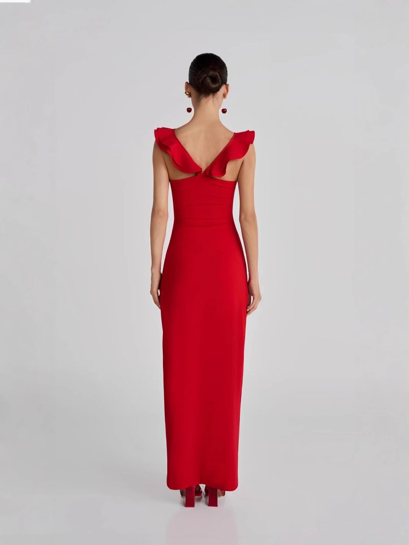 Red Ruffle Strapless Maxi Dress H7138